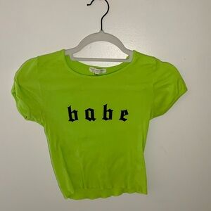 Neon Green Babe Short Sleeve Crop Top Shirt Size XS